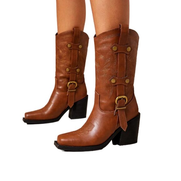 Forever Women’s Brown Square Toe Cowboy Boots Size 8M Chunky Heel - Picture 5 of 13